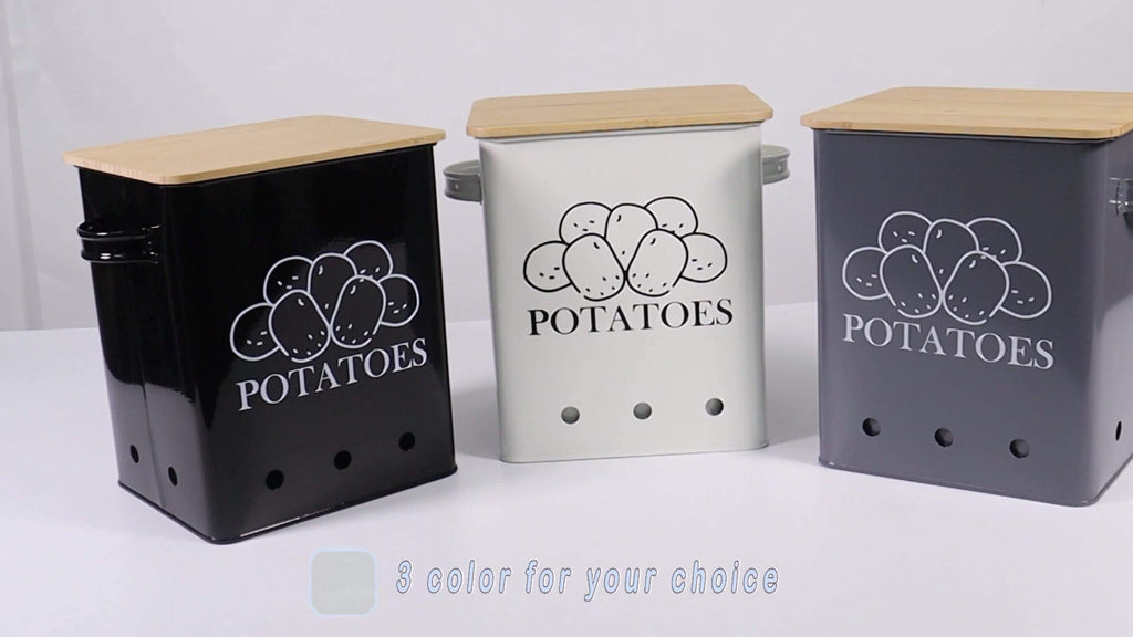 Kitchen Storage Canister Potato Onion Storage Bin Aerating Ventilation Holes Wooden Lid for Home Cooking, Dining and Outdoor Meals
