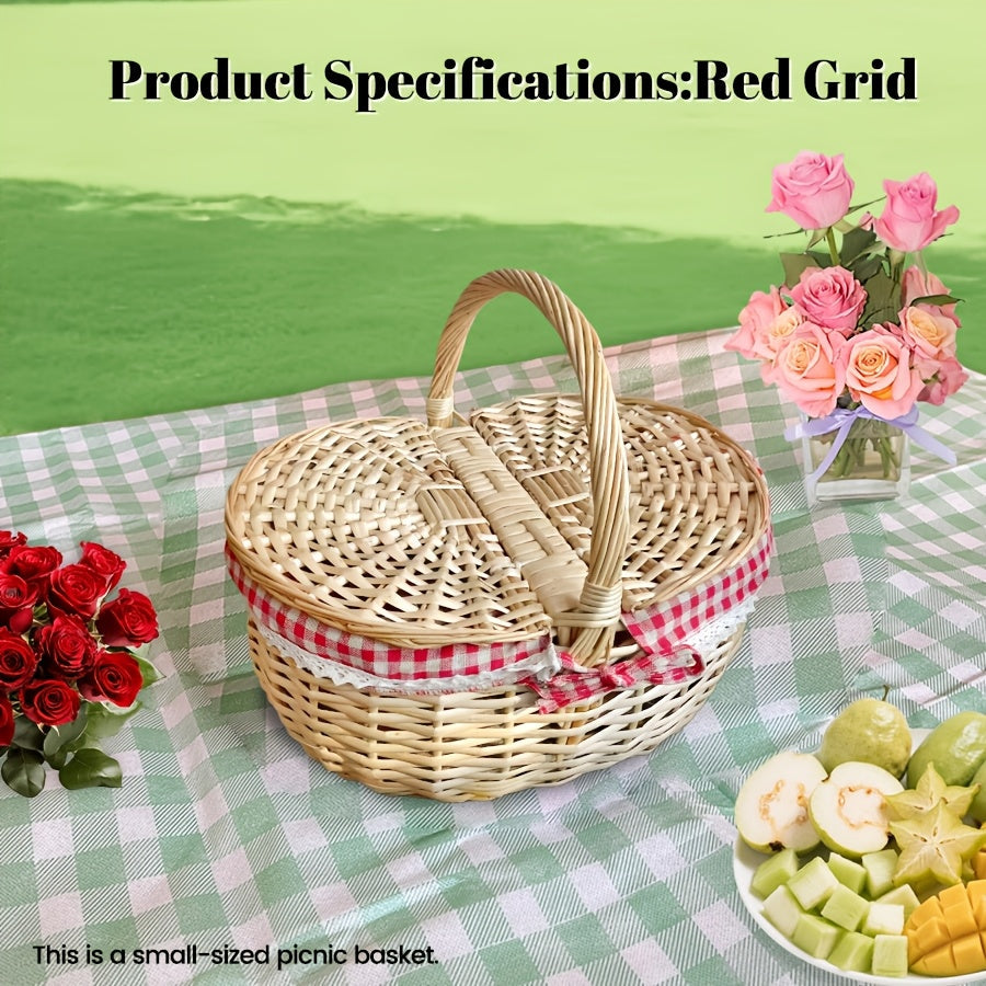 Covered Wicker Picnic Hamper with Twin Lid Panels in Red Plaid or Daisy Pattern Textile Styles