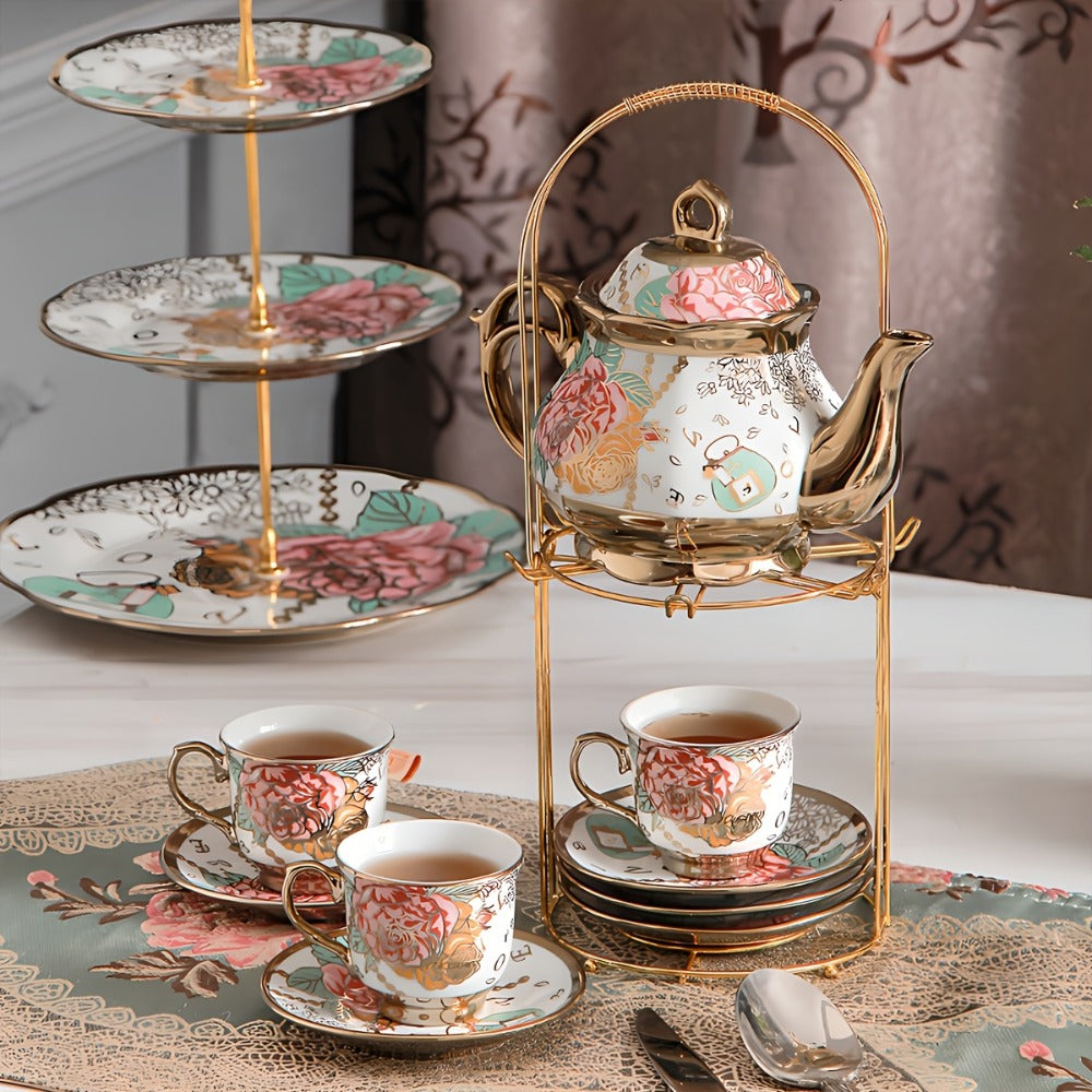 20-Piece Floral Ceramic Tea Set with Saucers & Metal Stand, European Afternoon Tea Service, Blooming Design