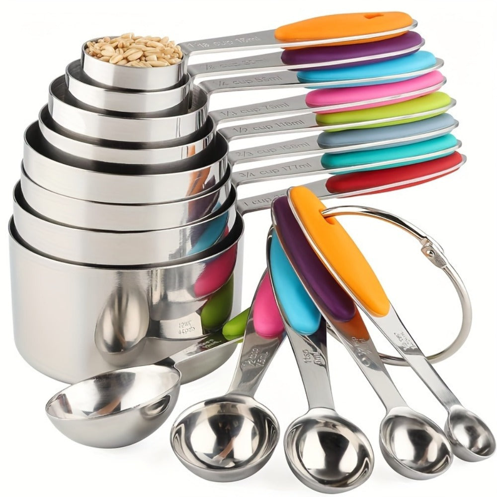 Stainless Steel Measuring Cups and Spoons Set 5pcs with Silicone Handle – Baking & Cooking Kitchen Measurement Tools