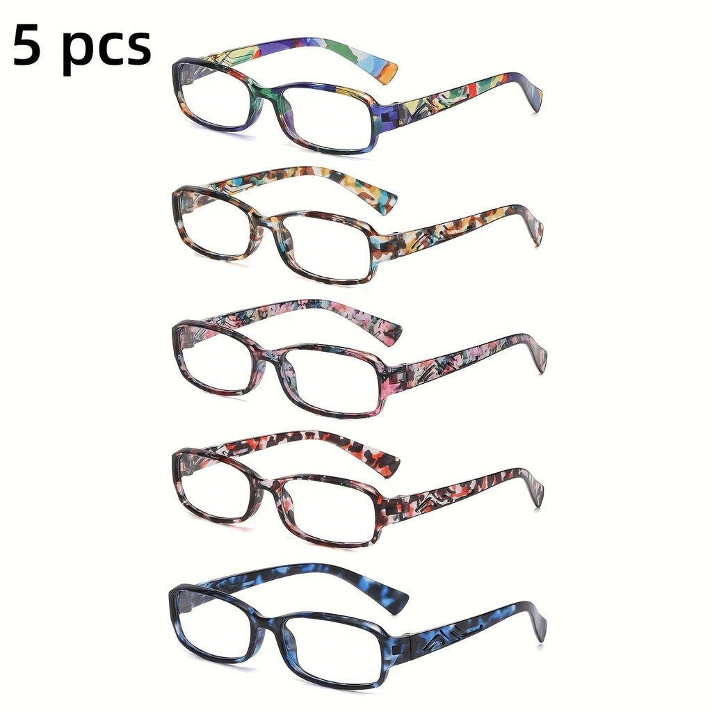 Reading Glasses 5-Pack Square Multicolor Printed Frames with Lens Design and 1.0x to 4.0x Options