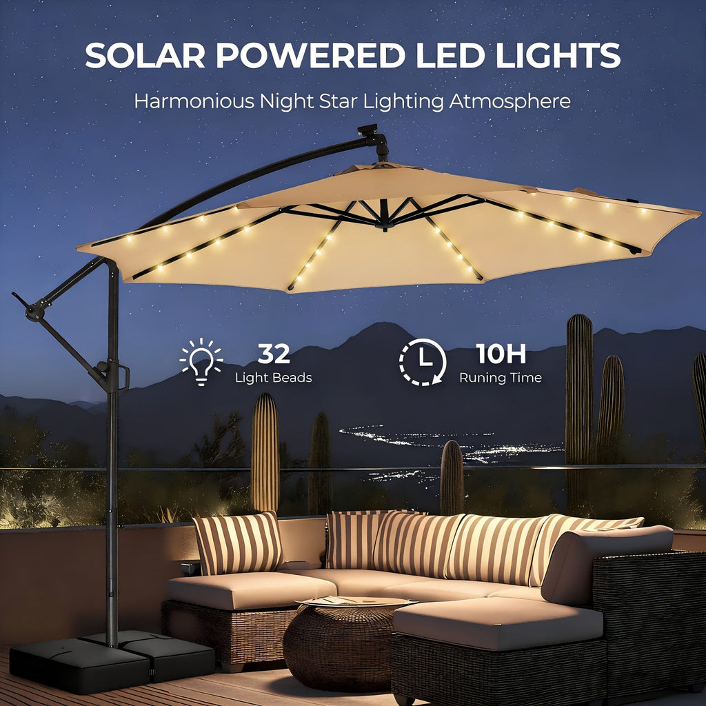 Patio Umbrella 10FT Solar LED Cantilever Style with 32 Lights, Eight-Rib Frame, Tilt and Four Colors