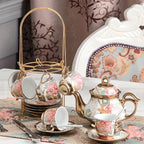 20-Piece Floral Ceramic Tea Set with Saucers & Metal Stand, European Afternoon Tea Service, Blooming Design