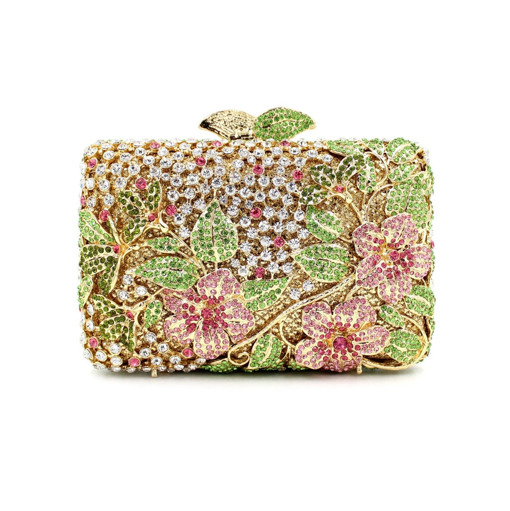 Blooming Pink Flowers Rhinestone Evening Bag,Wedding Clutch