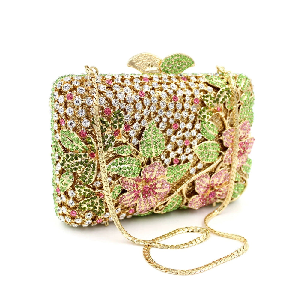 Blooming Pink Flowers Rhinestone Evening Bag,Wedding Clutch