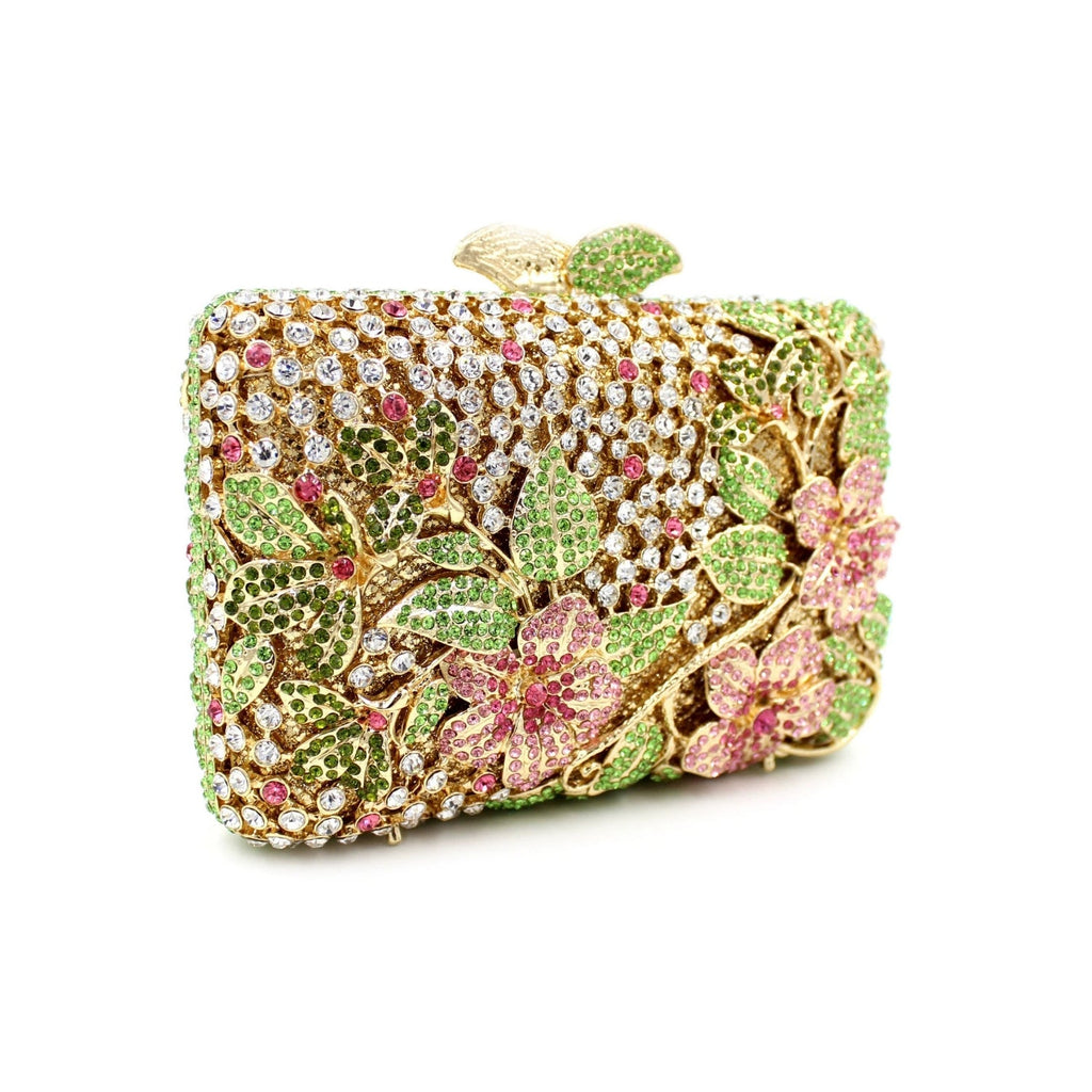 Blooming Pink Flowers Rhinestone Evening Bag,Wedding Clutch