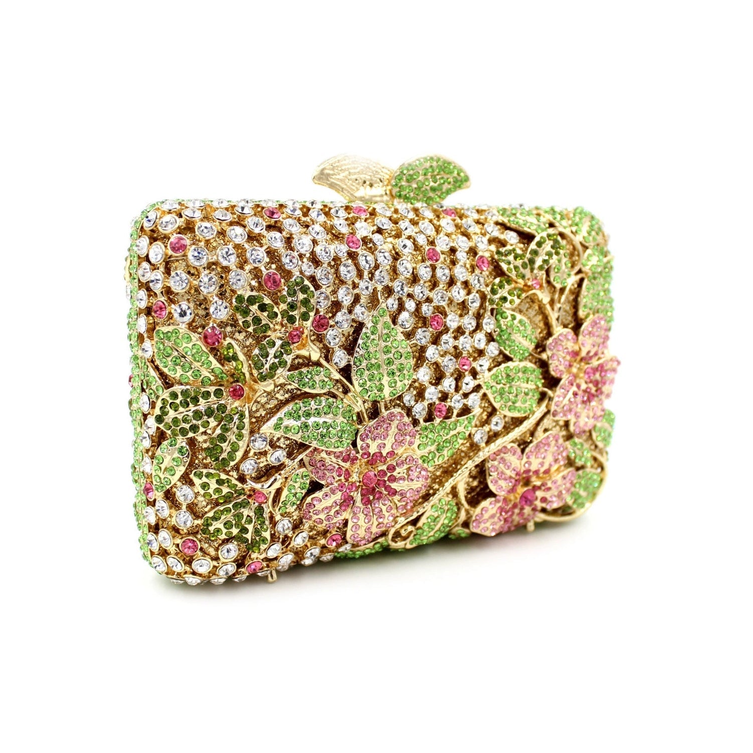 Blooming Pink Flowers Rhinestone Evening Bag,Wedding Clutch