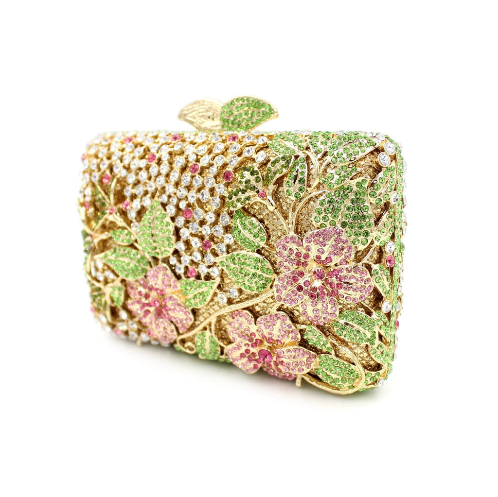 Blooming Pink Flowers Rhinestone Evening Bag,Wedding Clutch