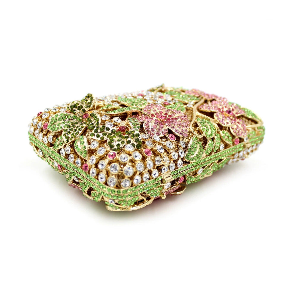 Blooming Pink Flowers Rhinestone Evening Bag,Wedding Clutch