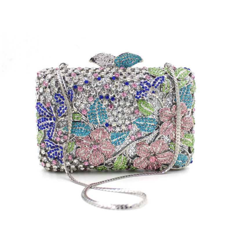 Blooming Pink Flowers Rhinestone Evening Bag,Wedding Clutch