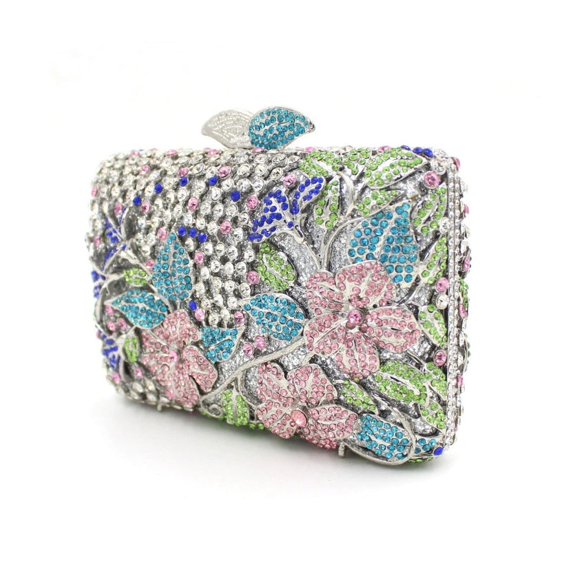 Blooming Pink Flowers Rhinestone Evening Bag,Wedding Clutch