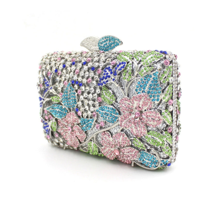 Blooming Pink Flowers Rhinestone Evening Bag,Wedding Clutch