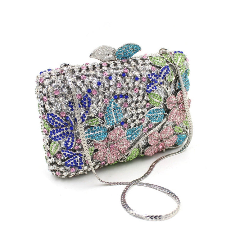Blooming Pink Flowers Rhinestone Evening Bag,Wedding Clutch