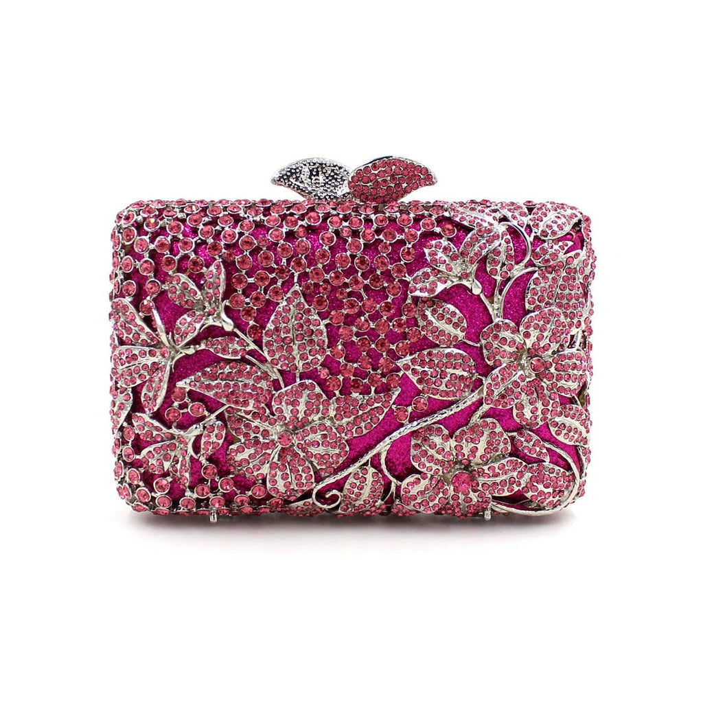 Blooming Pink Flowers Rhinestone Evening Bag,Wedding Clutch