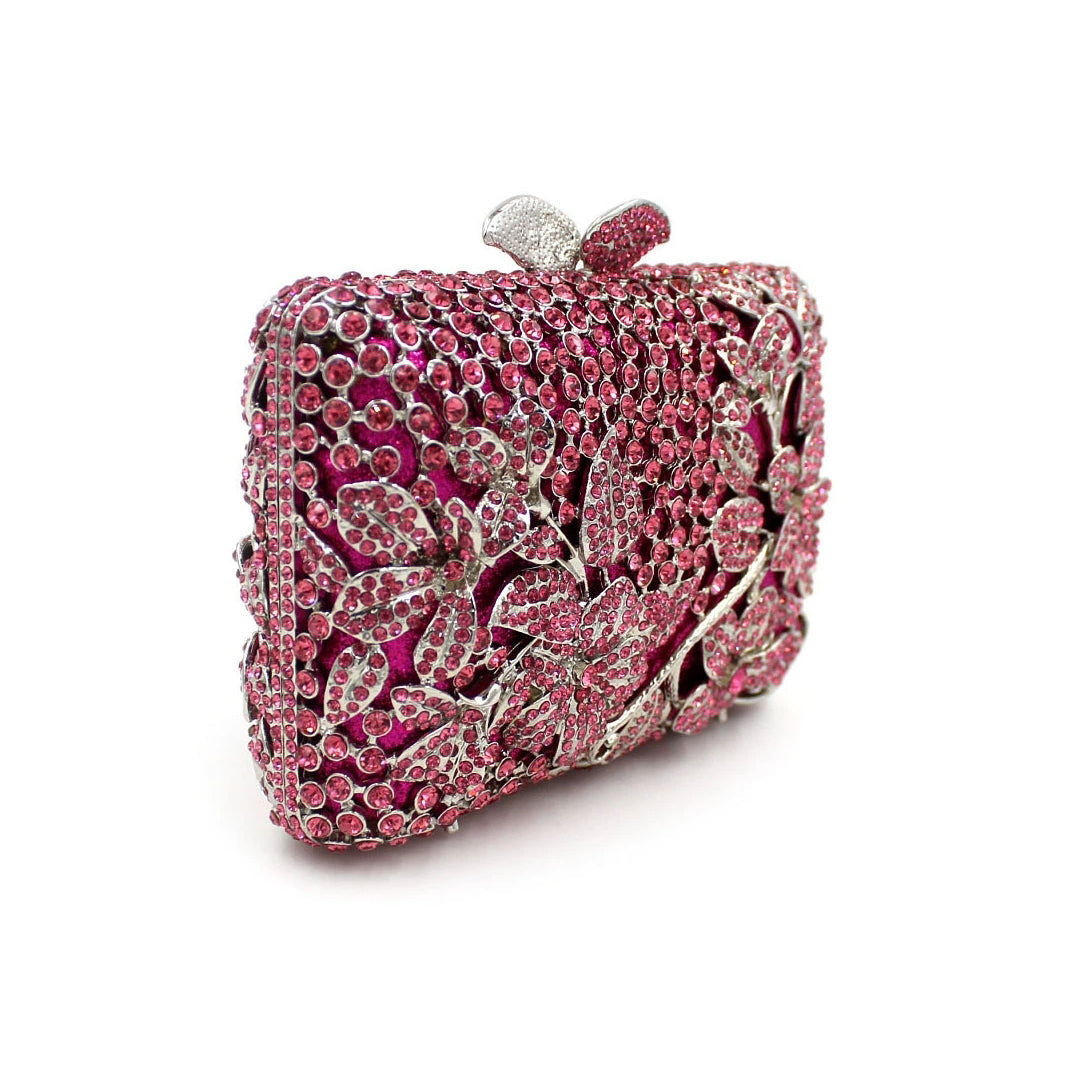 Blooming Pink Flowers Rhinestone Evening Bag,Wedding Clutch