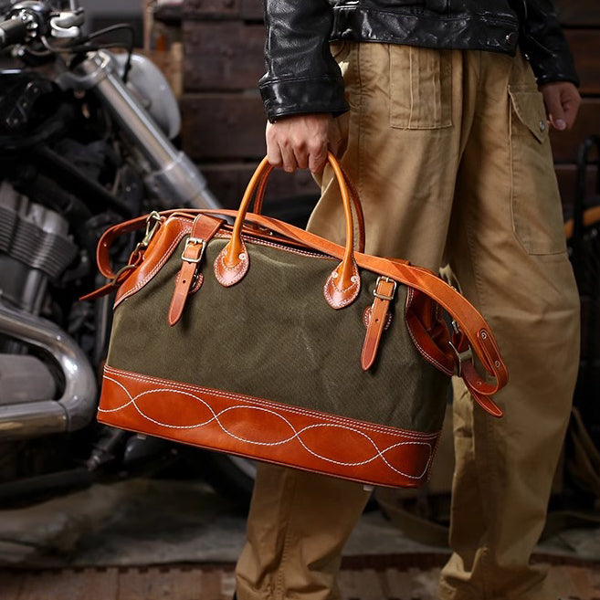 Craft|Artisan's Art, Leather Canvas Travel Bag For Men For Women, Genuine Leather Canvas Hand-Held Crossbody Luggage Bag,18in Length-i7bags