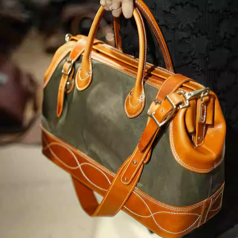 Craft|Artisan's Art, Leather Canvas Travel Bag For Men For Women, Genuine Leather Canvas Hand-Held Crossbody Luggage Bag,18in Length-i7bags