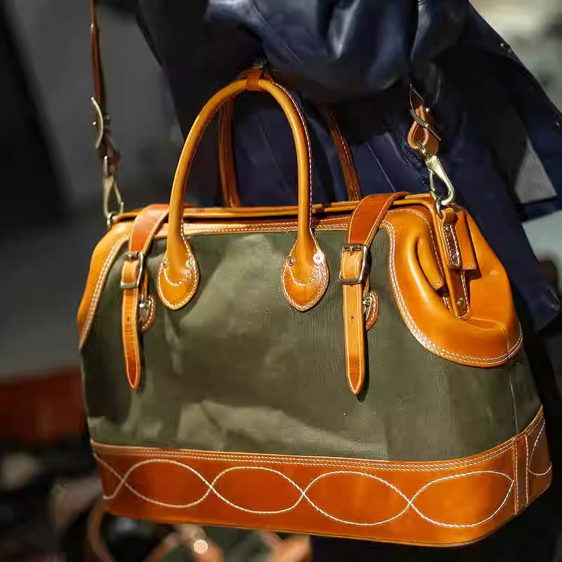 Craft|Artisan's Art, Leather Canvas Travel Bag For Men For Women, Genuine Leather Canvas Hand-Held Crossbody Luggage Bag,18in Length-i7bags