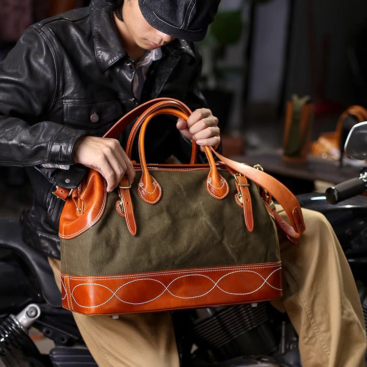 Craft|Artisan's Art, Leather Canvas Travel Bag For Men For Women, Genuine Leather Canvas Hand-Held Crossbody Luggage Bag,18in Length-i7bags