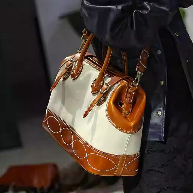 Craft|Artisan's Art, Leather Canvas Travel Bag For Men For Women, Genuine Leather Canvas Hand-Held Crossbody Luggage Bag,18in Length-i7bags