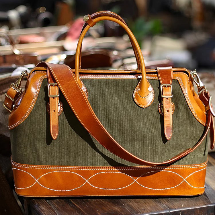 Craft|Artisan's Art, Leather Canvas Travel Bag For Men For Women, Genuine Leather Canvas Hand-Held Crossbody Luggage Bag,18in Length-i7bags