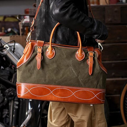 Craft|Artisan's Art, Leather Canvas Travel Bag For Men For Women, Genuine Leather Canvas Hand-Held Crossbody Luggage Bag,18in Length-i7bags