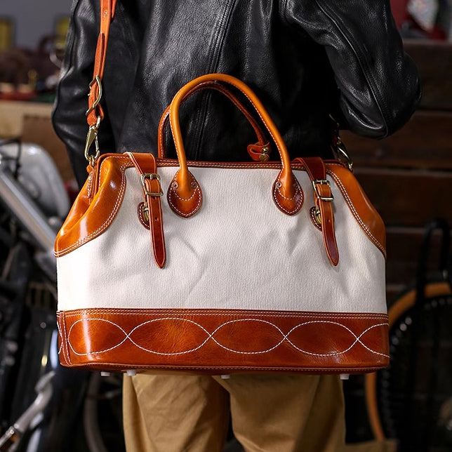 Craft|Artisan's Art, Leather Canvas Travel Bag For Men For Women, Genuine Leather Canvas Hand-Held Crossbody Luggage Bag,18in Length-i7bags