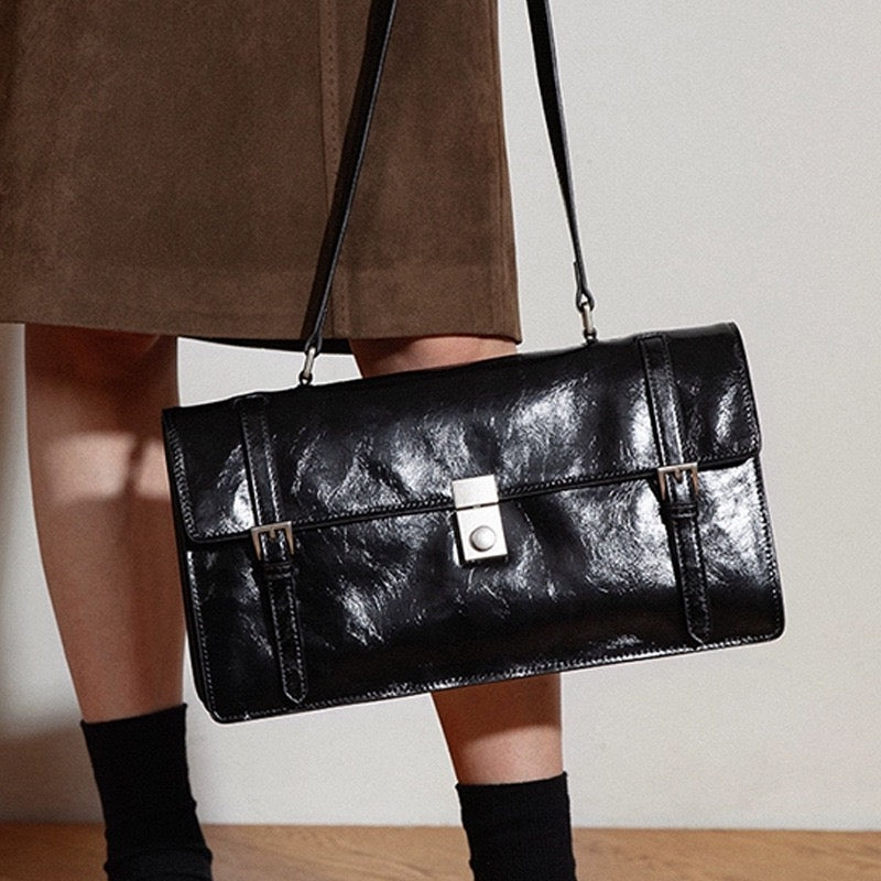 Genuine Top Grain Waxed Leather Handbag, Shoulder Bag For Women, Accordion Bag, 13.8 in Length