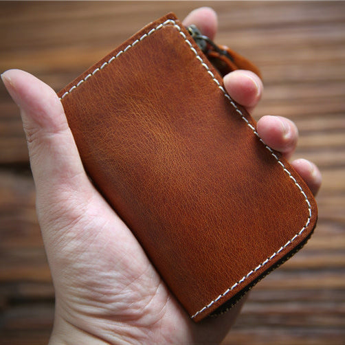 Full Grain Leather Short Wallet - Premium Cowhide Compact Purse