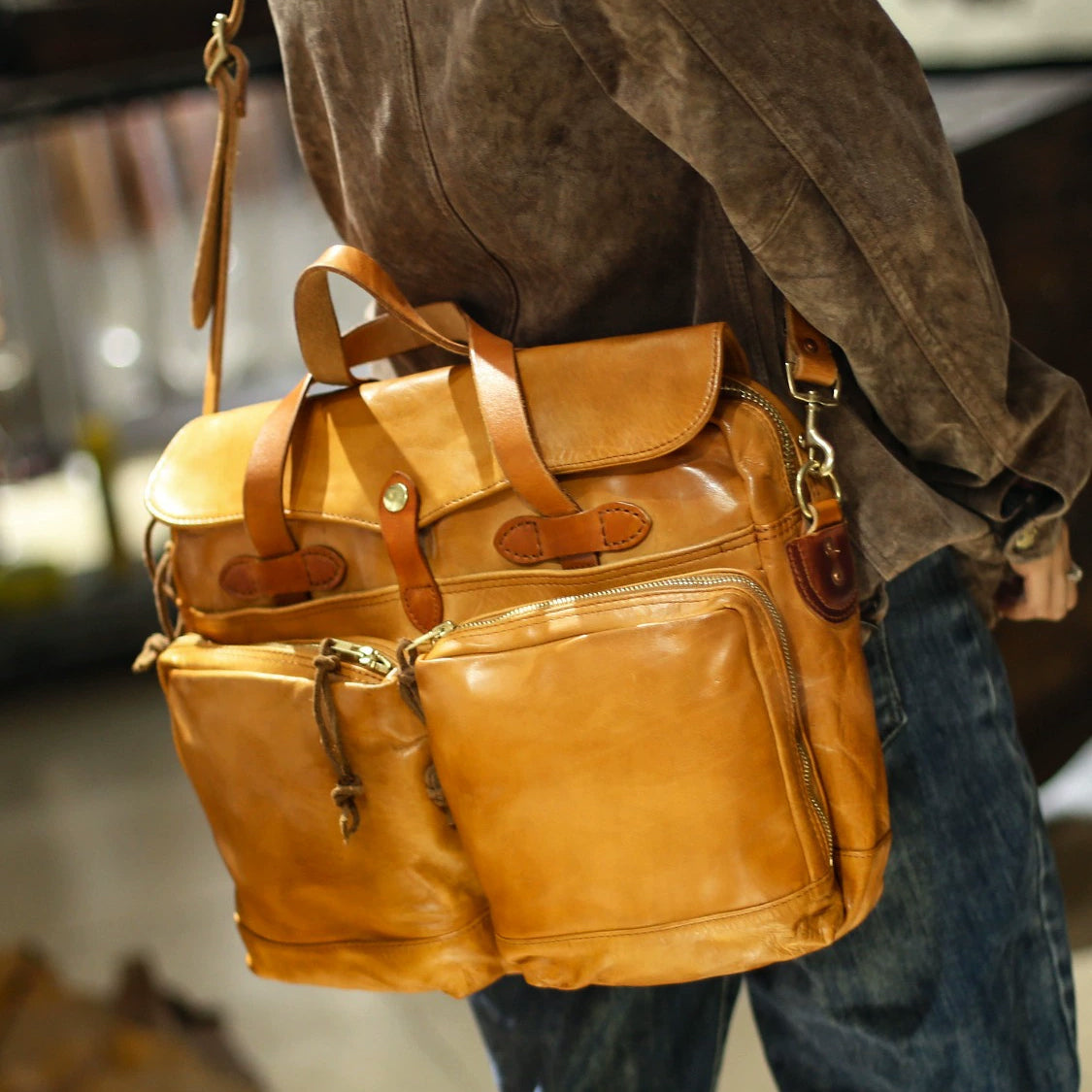 Genuine Leather Laptop Briefcase Men's bag, Calfskin Briefcase For Men, 14.6in Length -i7bags