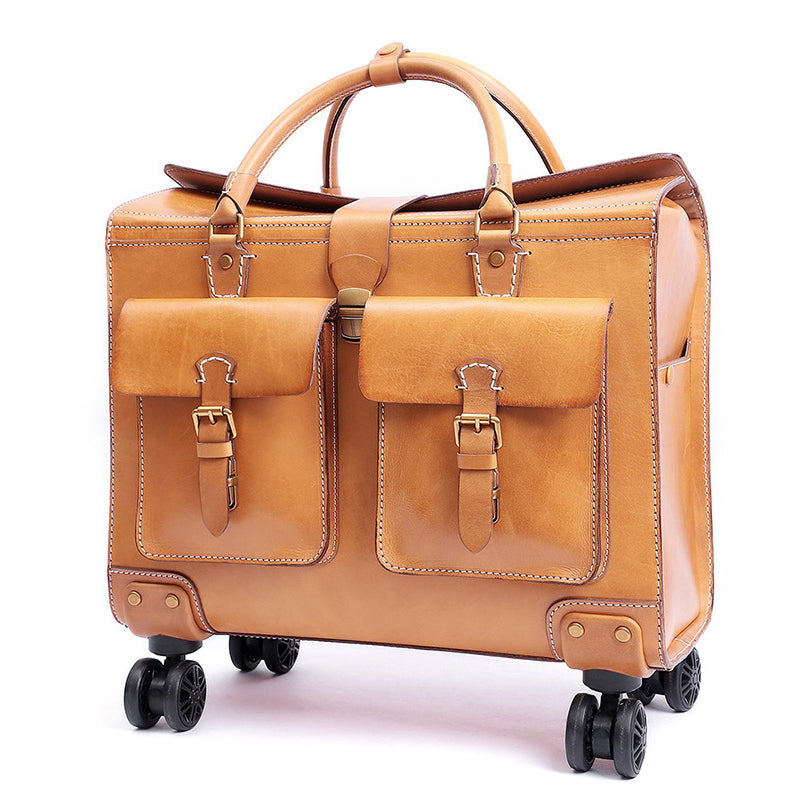 Full Grain Italian Vegetable Tanned Leather Wheeled Carry-On Luggage,  Vintage Suitcase For Men for Women, Length 18.5 In