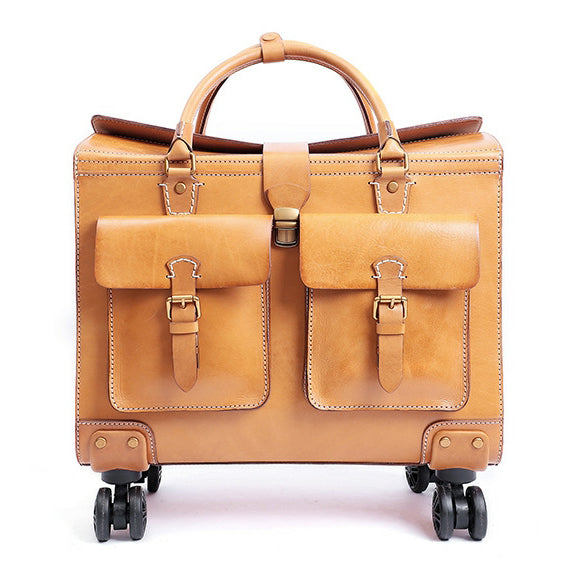 Full Grain Italian Vegetable Tanned Leather Wheeled Carry-On Luggage,  Vintage Suitcase For Men for Women, Length 18.5 In