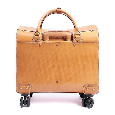 Full Grain Italian Vegetable Tanned Leather Wheeled Carry-On Luggage,  Vintage Suitcase For Men for Women, Length 18.5 In
