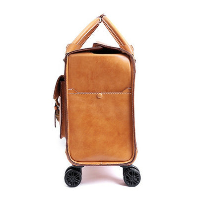 Full Grain Italian Vegetable Tanned Leather Wheeled Carry-On Luggage,  Vintage Suitcase For Men for Women, Length 18.5 In