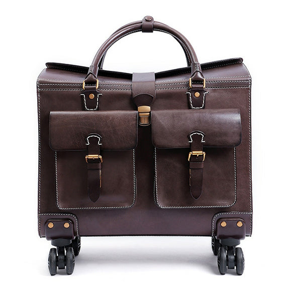 Full Grain Italian Vegetable Tanned Leather Wheeled Carry-On Luggage,  Vintage Suitcase For Men for Women, Length 18.5 In