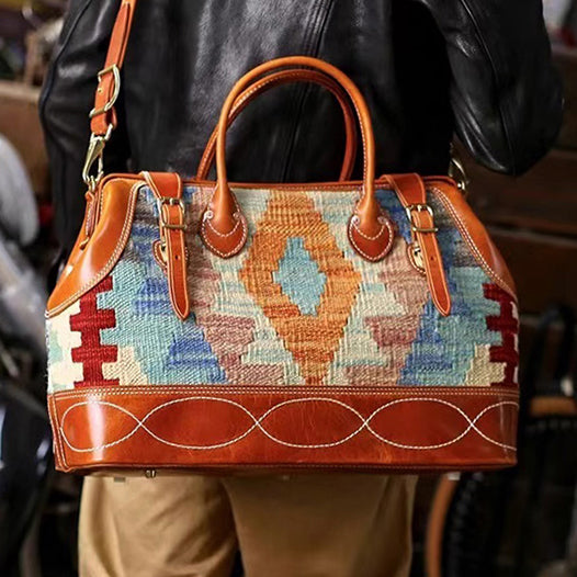 Craft|Artisan's Art, Italian Genuine Leather Wool Carpet Large Outdoor and Travel Bag, Vintage Luggage Bag, Unisex, 18in Length -i7bags