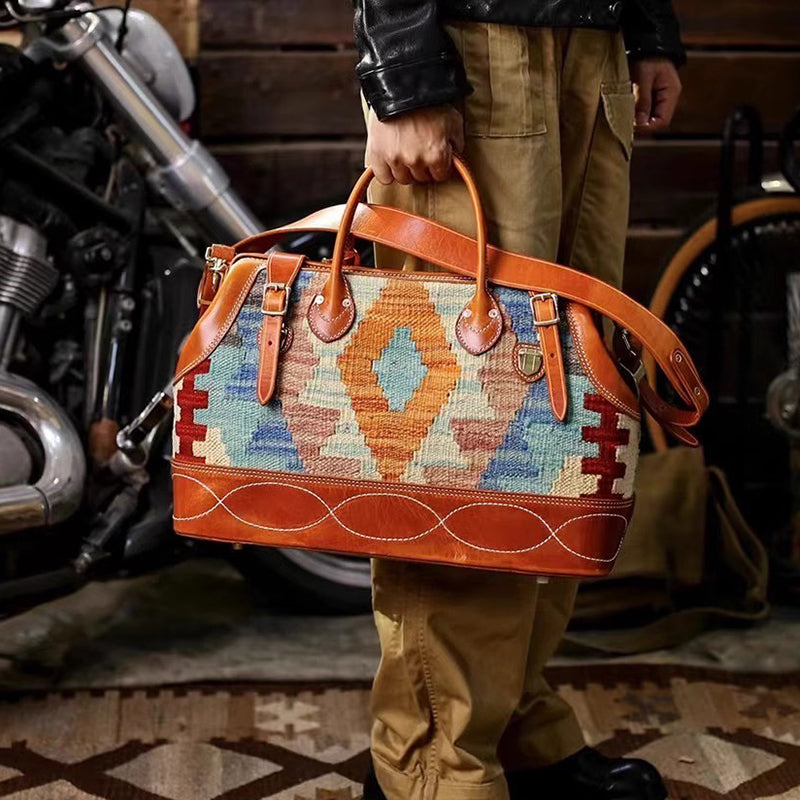 Craft|Artisan's Art, Italian Genuine Leather Wool Carpet Large Outdoor and Travel Bag, Vintage Luggage Bag, Unisex, 18in Length -i7bags