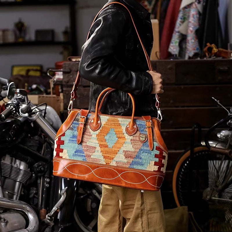 Craft|Artisan's Art, Italian Genuine Leather Wool Carpet Large Outdoor and Travel Bag, Vintage Luggage Bag, Unisex, 18in Length -i7bags