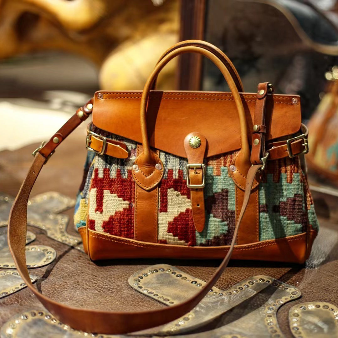 Craft|Artisan's Art, Italian Genuine Leather Wool Carpet Tote Crossbody Bag, Wool Leather Bag, 13.4in Length-i7bags