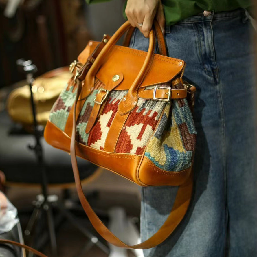 Craft|Artisan's Art, Italian Genuine Leather Wool Carpet Tote Crossbody Bag, Wool Leather Bag, 13.4in Length-i7bags