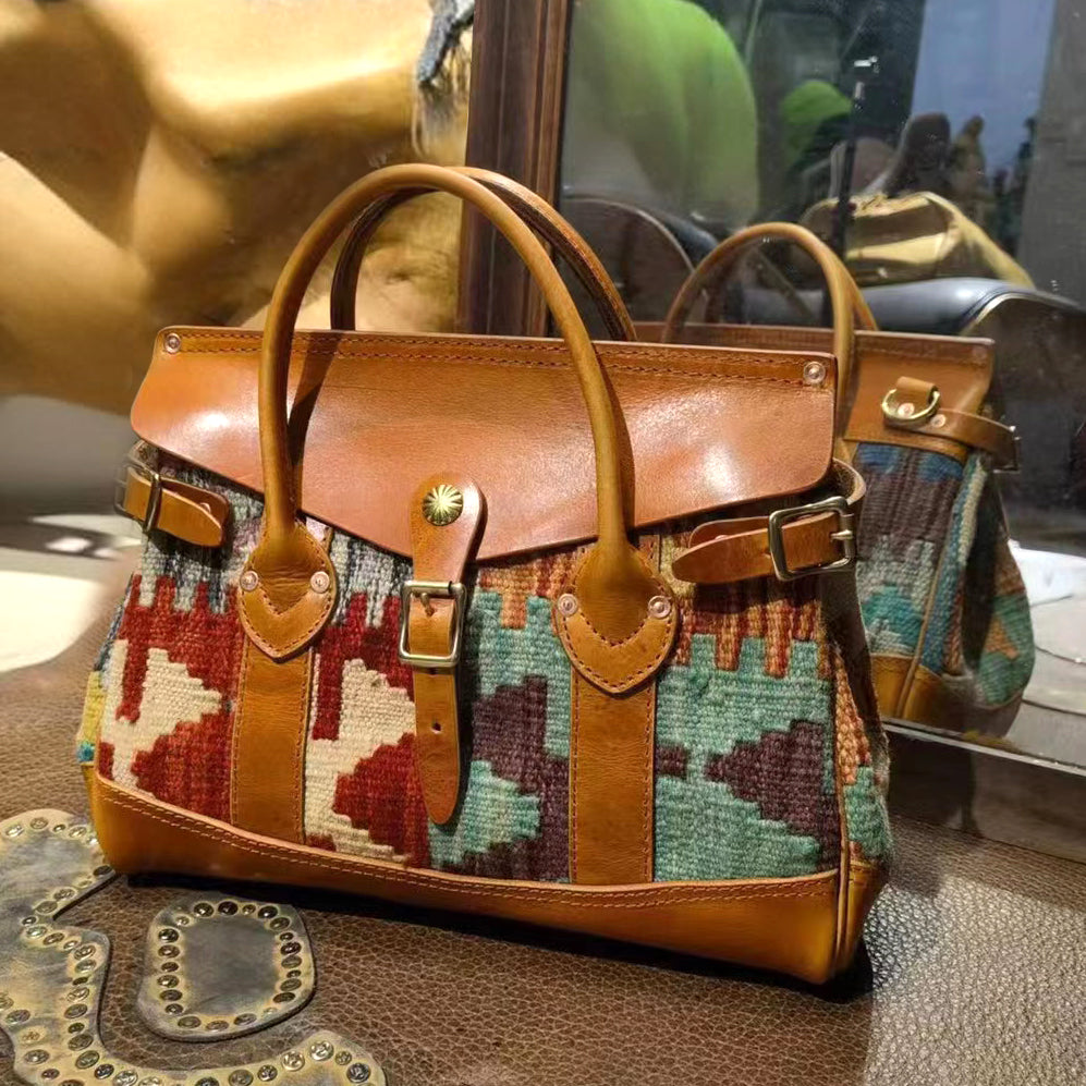 Craft|Artisan's Art, Italian Genuine Leather Wool Carpet Tote Crossbody Bag, Wool Leather Bag, 13.4in Length-i7bags