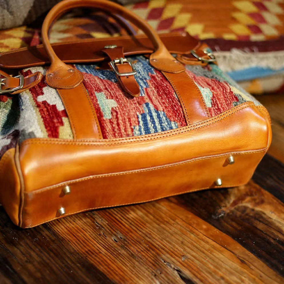 Craft|Artisan's Art, Italian Genuine Leather Wool Carpet Tote Crossbody Bag, Wool Leather Bag, 13.4in Length-i7bags