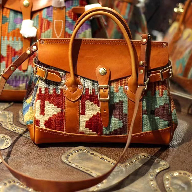 Craft|Artisan's Art, Italian Genuine Leather Wool Carpet Tote Crossbody Bag, Wool Leather Bag, 13.4in Length-i7bags