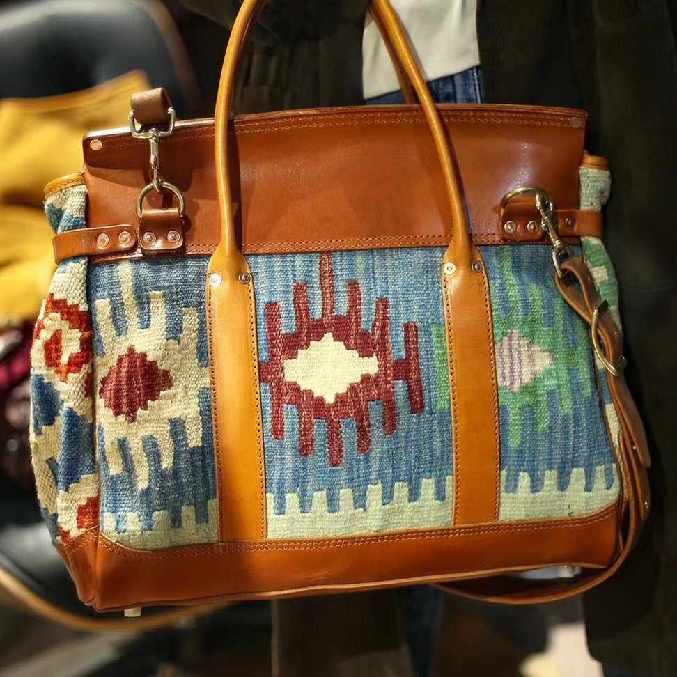 Craft|Artisan's Art, Italian Genuine Leather Wool Carpet Tote Big Bag, Retro Personalized Crossbody Bag,16.5in Length-i7bags