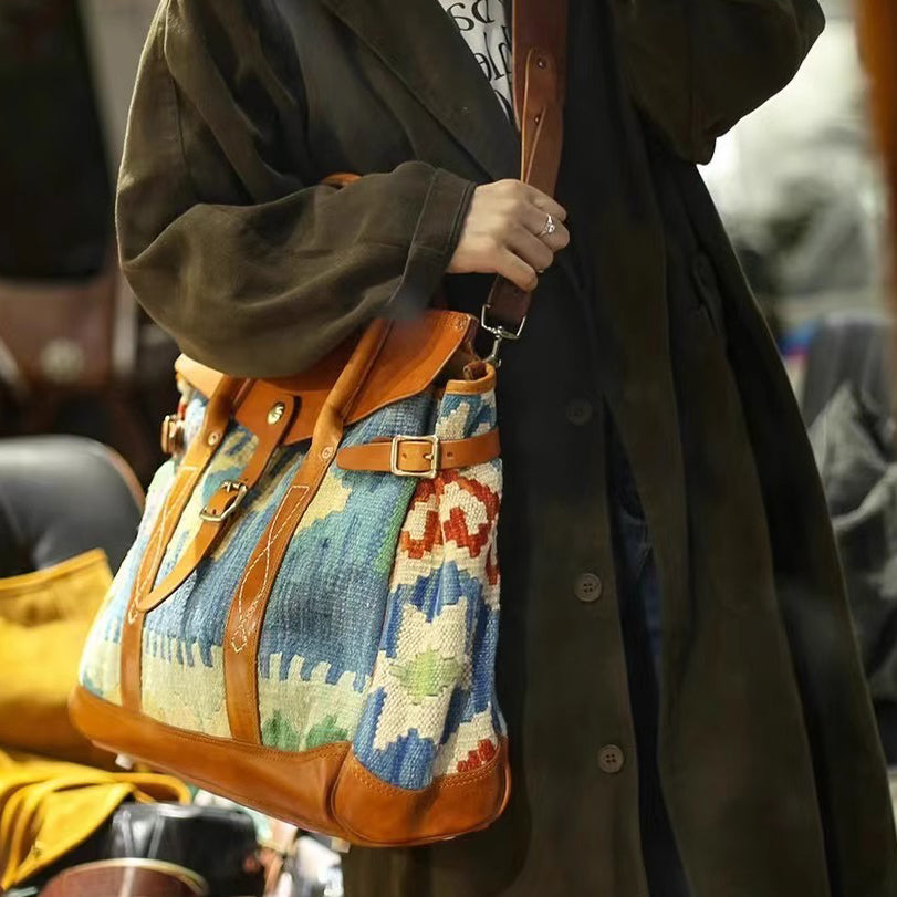 Craft|Artisan's Art, Italian Genuine Leather Wool Carpet Tote Big Bag, Retro Personalized Crossbody Bag,16.5in Length-i7bags