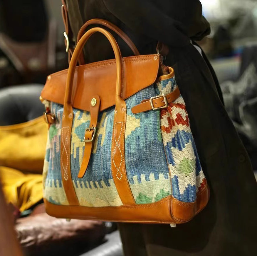 Craft|Artisan's Art, Italian Genuine Leather Wool Carpet Tote Big Bag, Retro Personalized Crossbody Bag,16.5in Length-i7bags