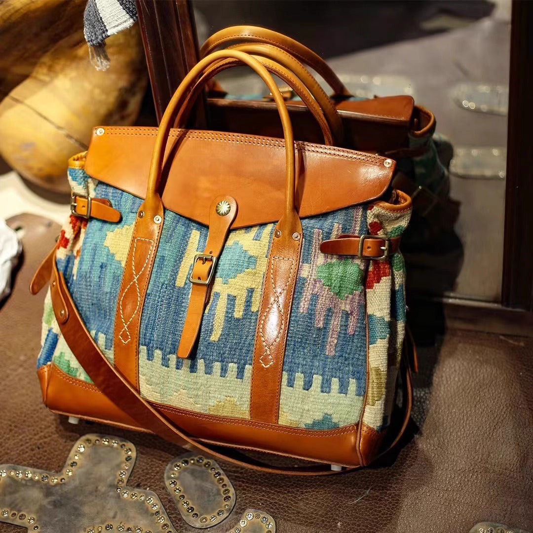 Craft|Artisan's Art, Italian Genuine Leather Wool Carpet Tote Big Bag, Retro Personalized Crossbody Bag,16.5in Length-i7bags