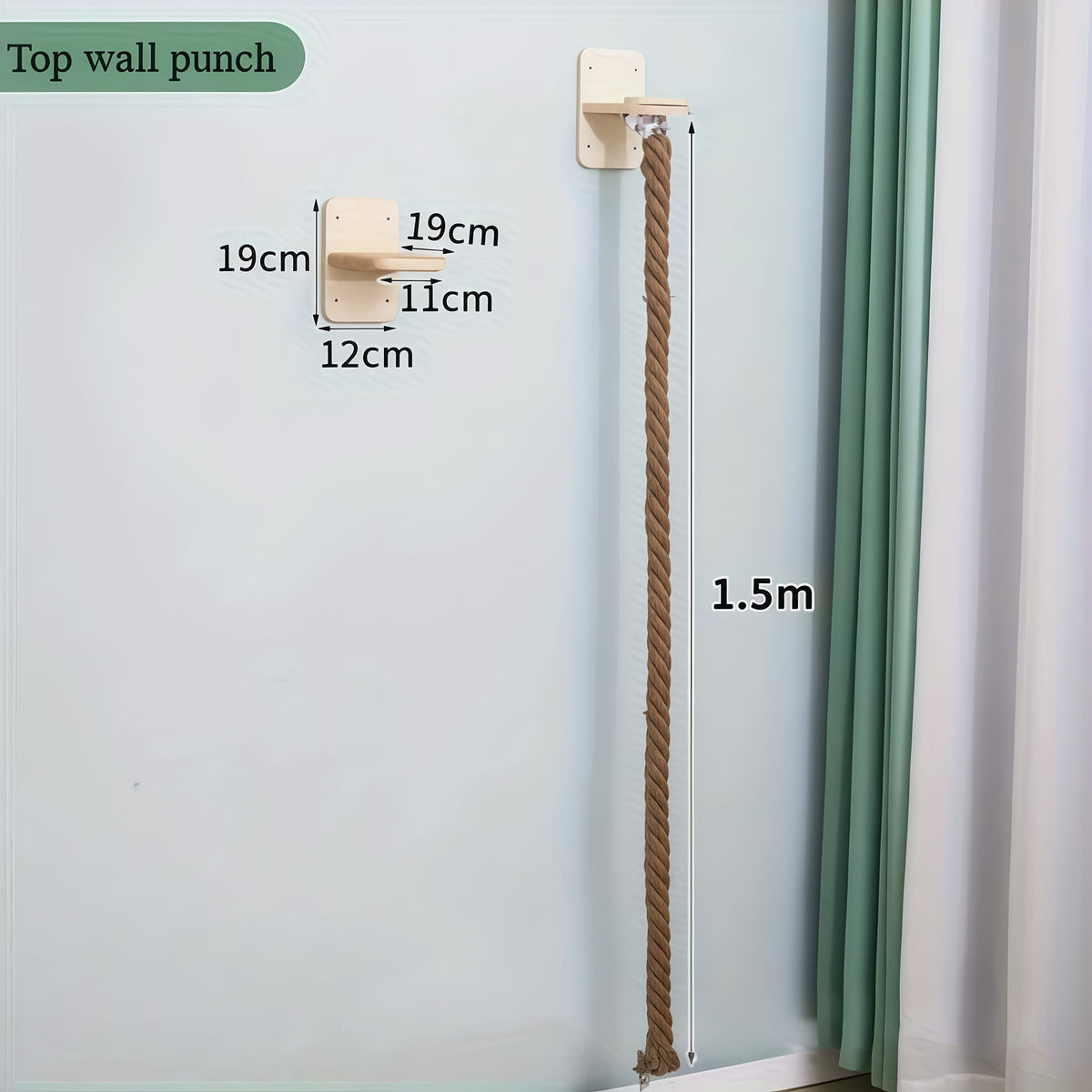 Wall-Mounted 60in Cat Climbing Rope Set with Upper Bracket, Lower Anchor and Small Wood Perch