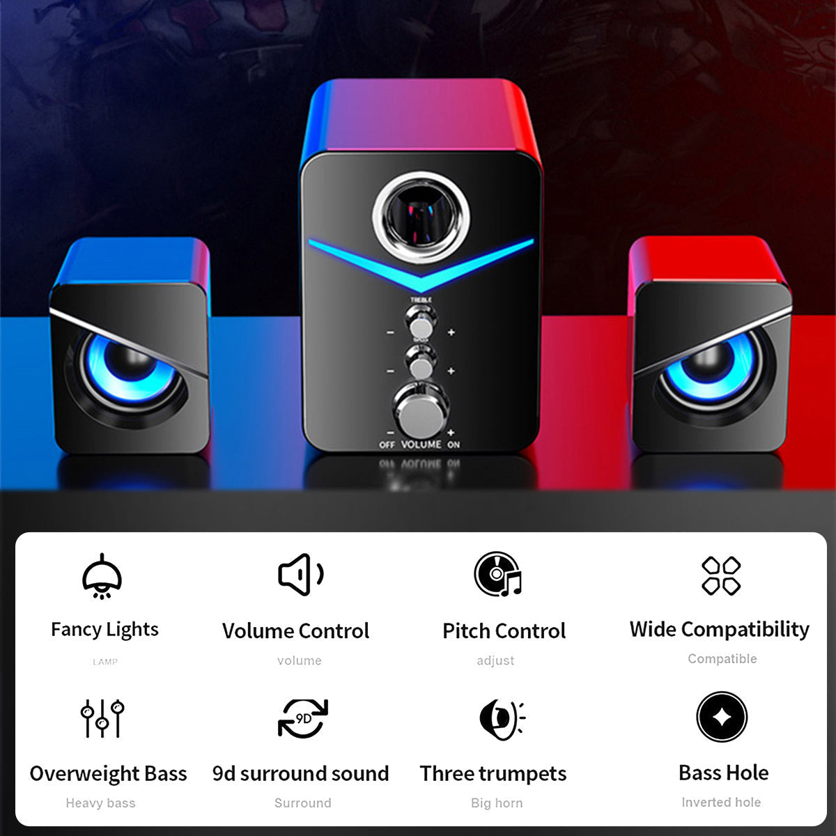 3-Piece Desktop Speaker System with Subwoofer | USB Powered PC Speakers, 3.5mm Audio Jack, Independent Bass & Treble Control