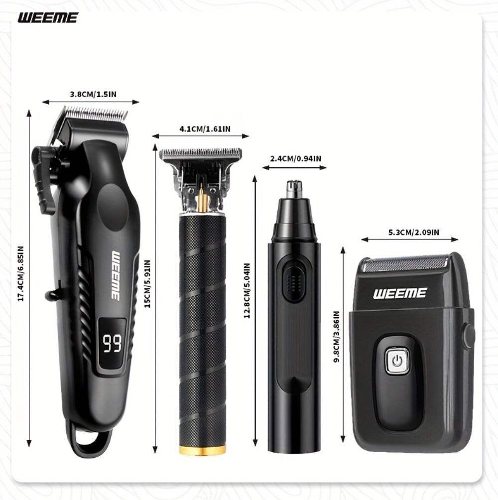 Men's Grooming Kit 4-Piece Set, USB Rechargeable Hair Clipper, Nose Trimmer, Electric Shaver & T9 Detailer with 8 Guide Combs